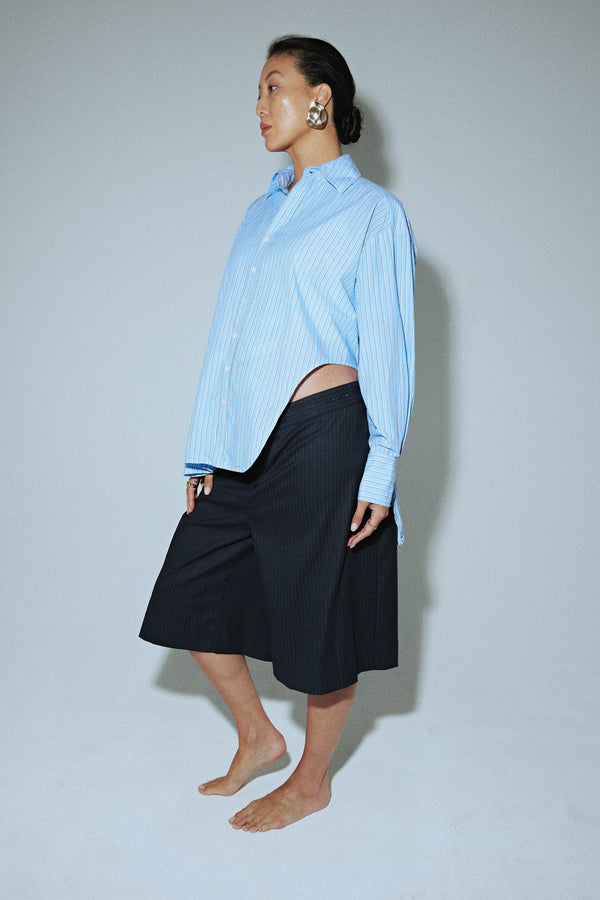Curved Hem Shirt in Blue Stripe